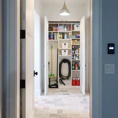 the hallway is clean and ready to be used as a storage area for cleaning supplies