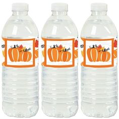 three bottles of water with pumpkins on them