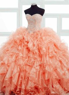 Ball Gown Quinceanera Dresses Organza Ruffle Crystal Beaded Sweetheart – alinanova Quinceanera Dresses Coral, 15 Birthday Dresses, Cheap White Dress, Dresses For Teens Wedding, Dress Sweet 16, Quinceañera Dresses, Ruffle Skirts, Sweet 16 Dress, Sweet 15 Dresses