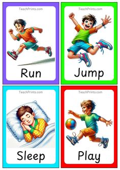 four cards with different pictures of children running, jumping and playing in the same room