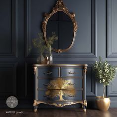 an ornate dresser and mirror in a room with dark blue walls, wood floors and wooden flooring