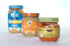 three jars of peanut butter and honey with cartoon characters on the top one jar is labeled tender sweet carrots