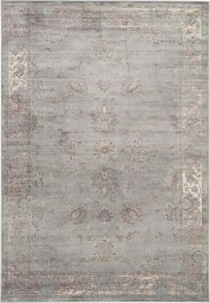 a gray rug with an ornate design on the top and bottom, in various colors