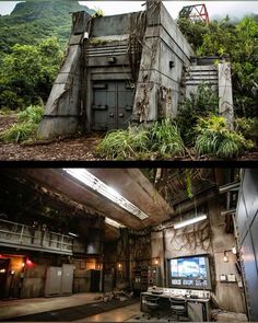 two pictures of an abandoned building with trees growing out of the top and bottom floors