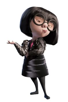 an animated woman in black and white clothes with glasses on her head, standing up