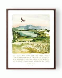 ..but they who wait for the LORD shall renew their strength; they shall mount up with wings like eagles; they shall run and not be weary; they shall walk and not faint. - Isaiah 40:31 This reproduction of an original hand painted, hand lettered watercolor and gouche painting by Ruth Chou Simons is printed on a professional quality gallery-wrapped canvas with solid backing. It comes ready to hang and does not require framing. Scripture Watercolor Painting, Bible Verse Acrylic Painting, Watercolor Bible Verses Art, Eagles Painting, Bible Verse Canvas Painting, Watercolor Eagle, Bible Verse Watercolor, Bible Verse Canvas Art, Ruth Chou Simons