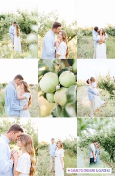 a man and woman standing next to each other in an apple orchard