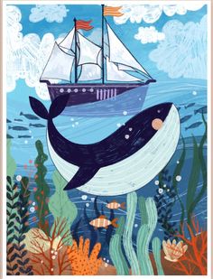 a painting of a whale floating in the ocean next to a boat with sails on it