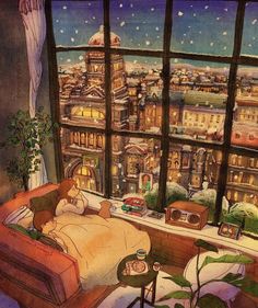 a painting of a bedroom with a view of the city from it's window