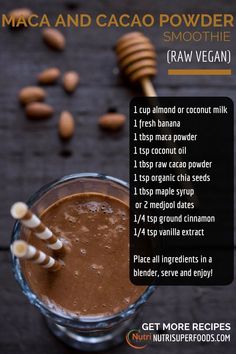 a smoothie is shown with ingredients to make it look like chocolate and almonds