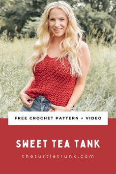 Woman wearing a red, crochet tank top. Crochet Tank Top Free Pattern, Tank Top Free Pattern, Knit Tank Pattern, Crochet Patterns Free Women, Diy Crochet Top, Tank Top Pattern, Crochet Tops Free Patterns, Crochet Summer Tops