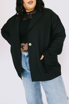 This chic PLUS SIZE black blazer jacket is perfect for the office or a night on the town! The single button front clousure and pockets add an extra touch of sophistication. Show off your unique style and make a statement with the stylish and sleek Let Me In jacket! Details Lightweight Boxy oversized fit Collar Single-button front closure Pockets Unlined Sizing *Measurements are taken unstretched with item hanging* Approximate measurements: SIZE LENGTH BUST 1XL 30” 56” 2XL 30” 58” 3XL 31” 60” Fab Chic Single Button Button-up Outerwear, Blazer With Lapel Collar And Pockets For Night Out, Trendy Blazer With Pockets For Night Out, Long Sleeve Outerwear With Button Closure For Night Out, Blazer With Lapel Collar And Buttons For Night Out, Lapel Collar Blazer With Buttons For Night Out, Trendy Single Button Outerwear, Black Blazer For Work With Button Closure, Black Blazer With Pockets For Business Casual