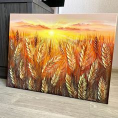 an oil painting on canvas of a sunset over a wheatfield