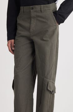 Angled flap pockets put a fresh slant on utility style with these cargo pants crafted of cotton. 30 1/2" inseam; 22" leg opening; 13 1/2" front rise; 16 1/2" back rise (size 46EU) Zip fly with button closure Front slant pockets; cargo button-flap pockets; back button-flap pockets 100% cotton Machine wash, line dry Imported Designer Clothing Military Style Bottoms With Flap Pockets For Fall, Military Bottoms With Flap Pockets For Fall, Khaki Tapered Cargo Jeans With Flap Pockets, Utility Cargo Jeans With Tapered Leg And Flap Pockets, Military Cargo Style Work Pants, Fall Cargo Pants With Pockets And Straight Hem, Utility Work Pants With Cargo Style, Utility Work Pants In Cargo Style, Utility Parachute Pants With Tapered Leg