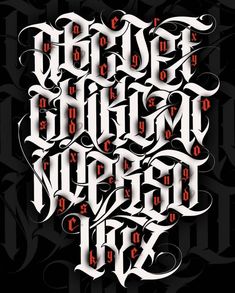 an artistic typeface with red and white lettering on black background, in the style of gothic