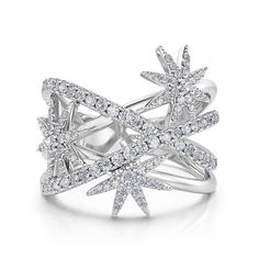 The three stars that twinkle in the starry sky are as bright as the light in your eyes. Stylish and elegant with a star-inspired design, this sterling silver X ring brings out your unique charm. Let the star ring designed with pave setting shining for you, lighting up every moment with beauty and hope.Carat Weight: 3.015 ctStone Size: 1,1.2,1.6,0.8 mmStone Type: Jeulia® StoneNumber of Stones: 167 Stone Color: Diamond WhiteStone Shape: RoundWeight: 4.9 gWidth: 4.4 mmHeight: 3 mmThickness: 1.2 mmMaterial: 925 SilverPlating Color: Silver Silver Star-shaped Jewelry With Single Cut Diamonds, Celestial Silver Diamond Ring With Accents, Sparkling Star-shaped White Gold Jewelry, Celestial Style Silver Diamond Ring With Accents, Silver Starburst Jewelry With Diamond Accents, Sparkling Silver Starburst Jewelry, Celestial Style Silver Diamond Ring, Starburst Diamond Jewelry, Dazzling Sparkling Star Jewelry