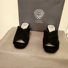 Vince Camuto Sessa Sandals Size 9 Never Worn Suede Black Original Box Elegant Black Wedge Sandals With Open Heel, Black Suede Wedge Heel Sandals, Black Suede Sandals With Heel Strap, Elegant Suede Slip-on Sandals, Black Wedge Heel Mules For Evening, Formal Black Suede Sandals, Black Suede Sandals With Removable Insole, Black Slip-on Sandals With Padded Heel, Black Suede Open Toe Wedge Sandals