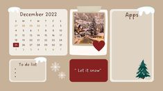 an image of a calendar with the holidays coming up on it's side and trees in the background