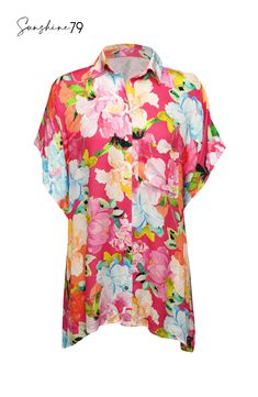 Drenched in vibrant energy, this cover up by Sunshine 79 features a bold hot pink floral print that radiates an atmosphere of tropical exuberance. Quite possibly the classiest cover-up around, this camp-style shirt is casual sophistication at its best. Styled with a button-up front, chest pocket and dolman sleeves, it's perfect for throwing on post dip, then hitting the town. [split] Details Resort shirt cover up Chest pocket Side slits Button-up front Fabric 100% Rayon Crepe Vibrant Summer Beach Blouse, Relaxed Fit Pink Shirt For The Beach, Vibrant Multicolor Print Shirt For Vacation, Vacation Shirt With Multicolor Vibrant Print, Summer Blouse With Camp Collar For Spring, Spring Summer Blouse With Camp Collar, Relaxed Fit Pink Shirt For Beach, Vibrant Tops For Beach Season Vacation, Tropical Relaxed Fit Tops