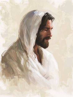 a painting of jesus with his head turned to look like he is wearing a white robe