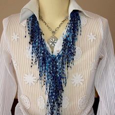 Denim Scarf, Denim Necklace, Ladder Yarn, Yarn Necklace, Necklace Scarf, Beaded Scarf, Jeans Crafts, Blue Jeans Crafts, Scarf Necklace