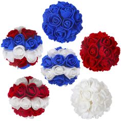 four red, white and blue flowers are arranged in the shape of roses on a white background