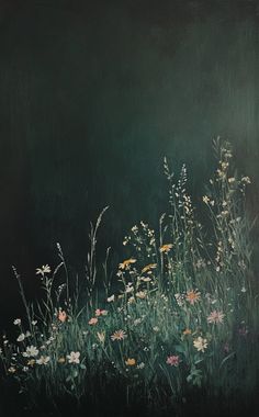 an oil painting of wildflowers and grasses on a dark green background with white daisies in the foreground