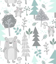 an animal themed wallpaper with trees, mushrooms and bears in pastel blue tones