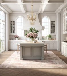 a large kitchen with an island and chandelier