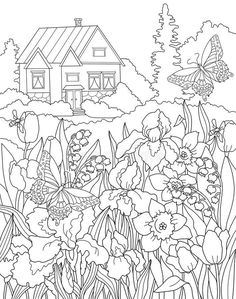 a house in the woods with flowers and butterflies on it coloring page for adults to color