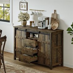 a wooden cabinet with drawers in a room