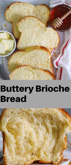 buttery brioche bread is cut in half and served on a plate with butter