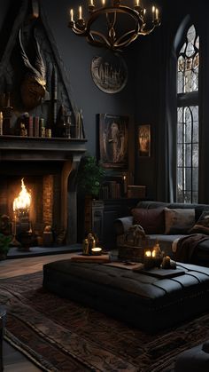 a living room filled with furniture and a fire place in front of a large window