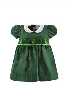 Smocked Christmas Trees Short Sleeve Baby Girl Dress - Carriage Boutique Toddler Smock, Smocked Christmas Dresses, Toddler Christmas Dress, Toddler Girl Dress, Smocked Clothes, Girls Holiday Dresses, Baby Boutique Clothing