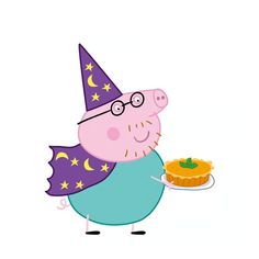 a cartoon pig holding a plate with a pie in it's hand and wearing a witches hat