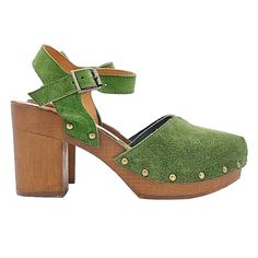 Casual Green Open-heel Mules, Green Open Heel Mules, Spring Green Open Heel Clogs, Suede Clogs With Stacked Open Heel, Suede Clogs With Stacked Heel And Open Heel, Casual Green Heels With Heel Strap, Green Leather Open Heel Clogs, Green Casual Mules With Wooden Heel, Casual Green Mules With Wooden Heel