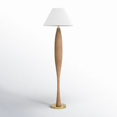 a wooden floor lamp with a white shade on it's top and bottom part