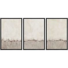 three framed art pieces with white and grey paint on the same wall, one in black frame