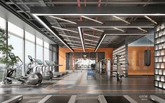 an empty gym with rows of treadmills and exercise machines in the foreground