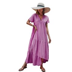 Chic Asymmetric Hem Long Dresses for Women Summer Dress New Elegant V-neck Loose Solid V-neck Cotton A-line Dress Summer Vacation A-line V-neck Dress, Beach Dresses With V-neck In Solid Color, Flowy Solid Color V-neck Dress, Flowy V-neck Dress In Solid Color, Asymmetrical Solid Color Maxi Dress For Summer, Summer V-neck Solid Color Midi Dress, Flowy A-line V-neck Dress For Summer, Spring Vacation V-neck Dress In Solid Color, Solid V-neck Dress For Summer Beach