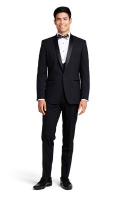 A slim black tuxedo with one button and a shawl lapel. Fitted Black Tuxedo With Shawl Collar, Black Fitted Tuxedo With Shawl Collar, Black Tuxedo With Shawl Collar, Black Tuxedo Blazer With Shawl Collar, Tailored Tuxedo With Shawl Collar For Formal Events, Elegant Tuxedo With Single Button And Shawl Collar, Elegant Tuxedo With Shawl Collar And Single Button, Tuxedo Style Blazer With Shawl Collar, Classic Tuxedo With Shawl Collar For Black-tie Events