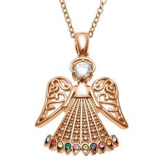 Give her a gift that looks absolutely divine! This angel pendant features a unique design incorporating filigree wings with a lightly textured gown. Plated in glistening Rose Gold, create a look just for her by personalizing with up to 11 sparkling, colorful birthstones. The mother's birthstone as the face of the angel, with the remaining 10 birthstones accenting the bottom of the skirt. Perfect for everyday wear and special occasions, this personalized necklace makes a wonderful gift for Mom or Textured Gown, Angel Necklace, Angel Pendant, The Angel, Personalized Necklace, Rose Gold Plates, Personalized Jewelry, Or Rose, Birthstone