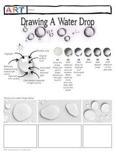 Drawing Water Drops — Short tutorial worksheet with parts of shadow and lighting and how to draw a water drop. Pencil Drawing Instructions, Drawing Water With Pencil, How To Draw Water Pencil, How To Draw Water Drops, Art Practice Exercises To Draw, Sketching Practice Exercises, Art Fundamentals Practice, Drawing Water Drops, Draw A Water Drop