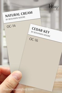 Natural Cream OC-14 vs Cedar Key OC-16 Cedar Key Benjamin Moore, Benjamin Moore Cedar Key, Edgecomb Gray, Cedar Key, Swiss Coffee, Cream Kitchen, Trim Color