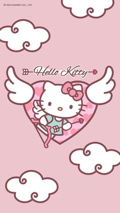 an image of hello kitty flying in the sky with wings and heart on it's chest