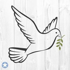 a white dove with an olive branch in it's beak on a wooden background