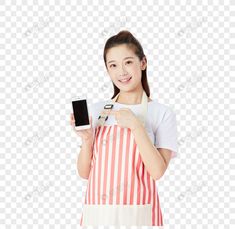 a woman in an apron holding up a cell phone