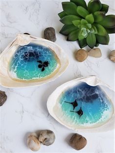 two small trays sitting on top of a table filled with rocks and pebbles next to a succulent plant