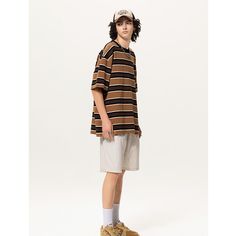 Men’s Retro Oversized Striped T-Shirt Fabric: 100% Cotton Size: M, L, XL, 2XL Multiple Color Selections: Coffee  Season: Summer Brown Casual Tops With Relaxed Fit, Brown Relaxed Fit Casual Top, Casual Brown T-shirt For Summer, Casual Brown Summer T-shirt, Casual Oversized Brown Top, Oversized Brown Casual Top, Casual Brown Crew Neck T-shirt, Oversized Brown T-shirt For Summer, Casual Oversized Brown T-shirt