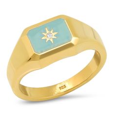 TAI TURQUOISE SIGNET RING - Style Code: STR-2498 - Gold plating over brass - CZ accents - Authorized TAI Retailer - FREE Shipping on Orders over $100 - FLAT Fee of $5.00 under $100.00! Starburst Necklace, Celestial Necklace, Rainbow Moonstone Ring, Resin Ring, Moonstone Jewelry, Wooden Rings, Moonstone Ring, Ring Collections, Dainty Necklace